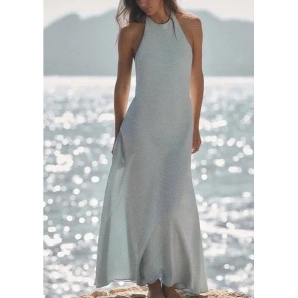 Zara Halter Flowy Open Back Dress Chambray Women's Sz Medium 6929/089/406